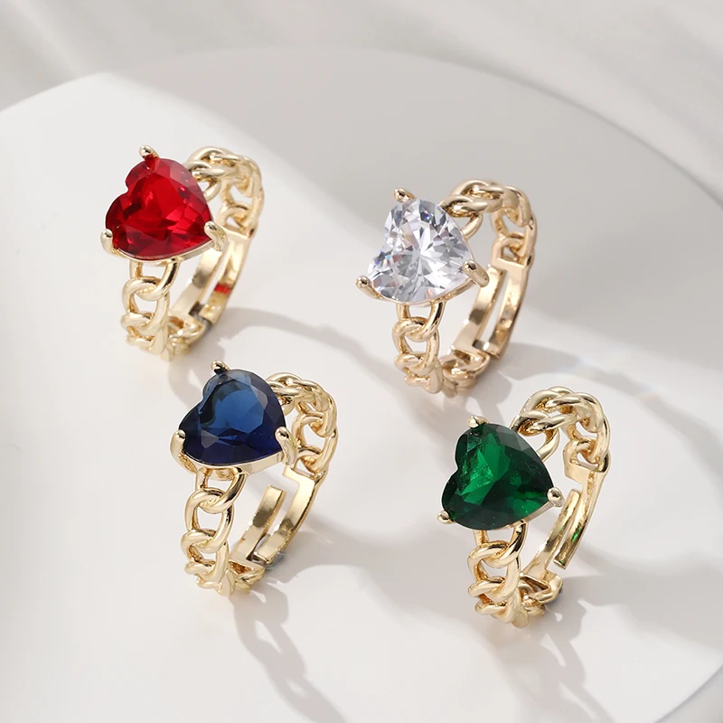 14k Gold Plated Heart Zircon Rings Twisted Rope Chain Rings Open Size Cuban Link Finger Rings