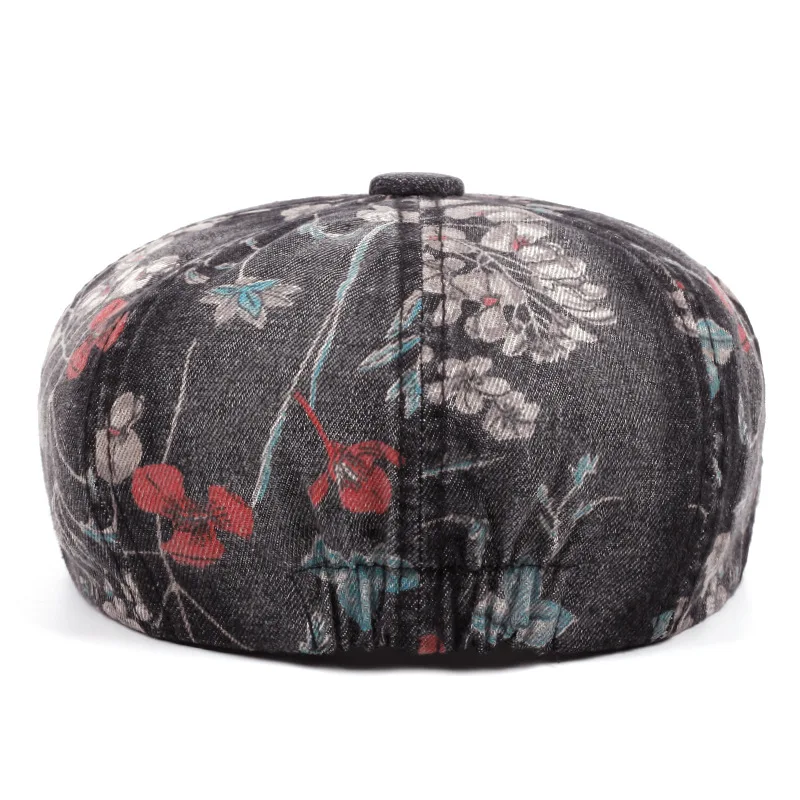 Printing Floral Washed Denim Octagon Newsboy Hat for Men Newsboy Cap Irish Cap Newsies Cabbie Hat Flat Hat Unisex