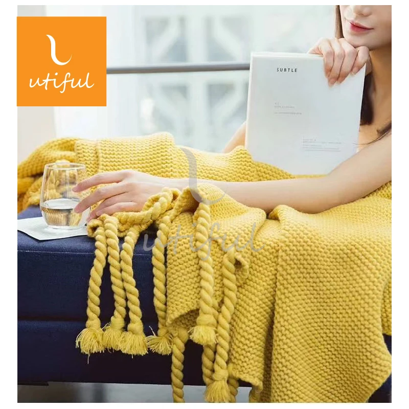 Home textile heavy knitted blankets handmade fringe striped blankets