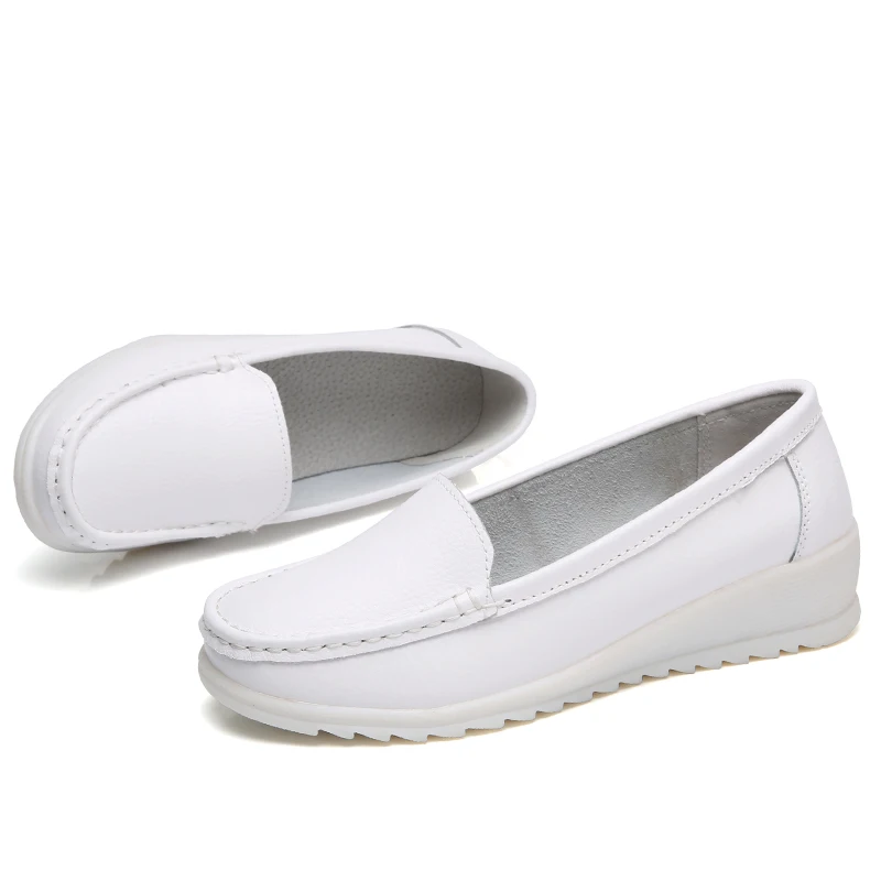 TPR sole cow leather upper women shoes loafers non-slip white nursing shoes for nurse