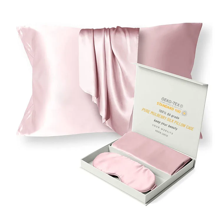 Custom logo pure silk pillowcase scrunchie with box hair tie 100% mulberry silk sleep eye mask and pillow case set