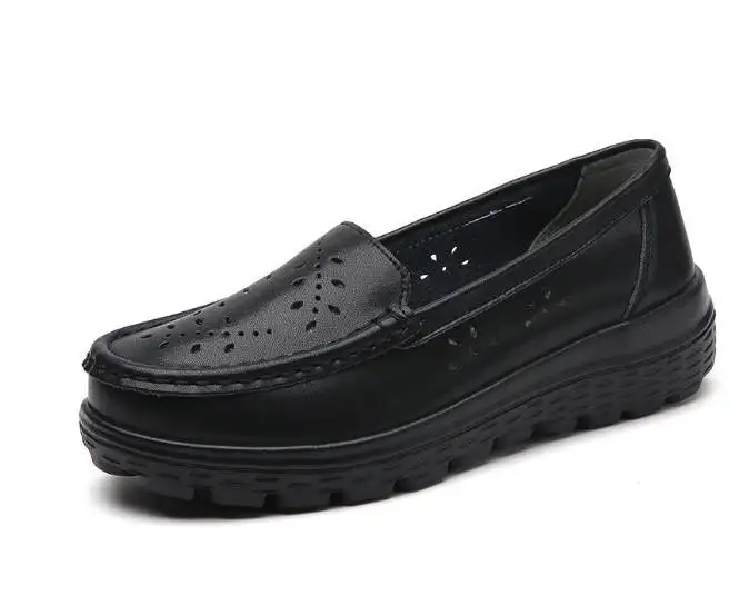 Summer breathable female walking shoes black nurse shoes cow leather comfortable shoes