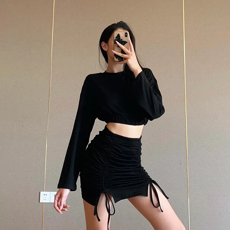 
New Arrival Long Sleeve Crop Top Skirt Two Pieces Set Women Bandage Skirt Dress 