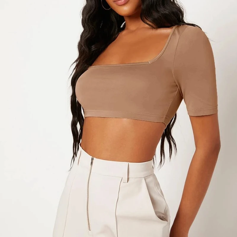 Wholesale Short Sleeve women Summer Tops Sexy Crop Tops Vest Cotton Breathable Scoop Neck Female Blouses