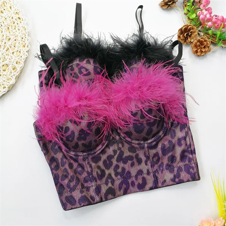 New Feather Vintage Leopard Printed Women Straps Vest Bustier Bra Corsage High Fashion Lingerie Sexy Steel Bone Corset Top Fur