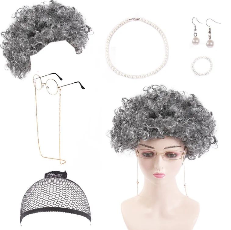 Old Lady Cosplay Set 7pcs Women Costume Granny Wig Cap Glasses Chain Cords Faux Pearl Bead Necklace Earrings Bracelet Halloween
