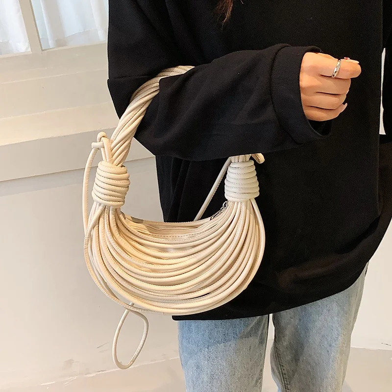 New Design Personalise Squeeze Noodle Bags Women Leather Rope Finishing Line Knots Bags Ladies Tote Handbags Women Shoulder Bags