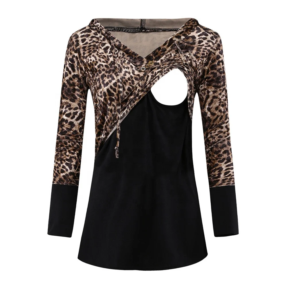 Женский топ для кормящих матерей, свитшот с длинным рукавом, пуловер с леопардовым принтом, рубашка для кормления грудью, толстовка