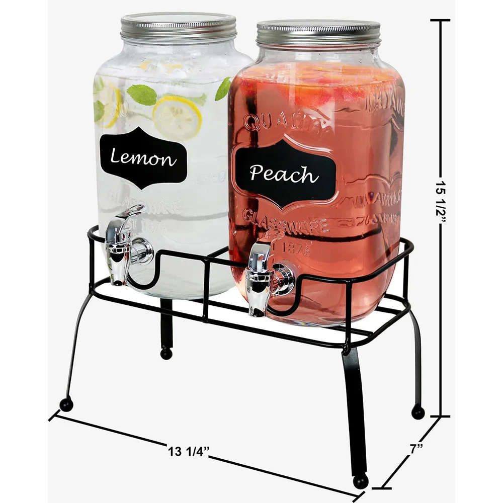 2 Mason Jars Glass Bottle Juice Dispenser Beverage Beer Drink Dispensers With Metal Stand
