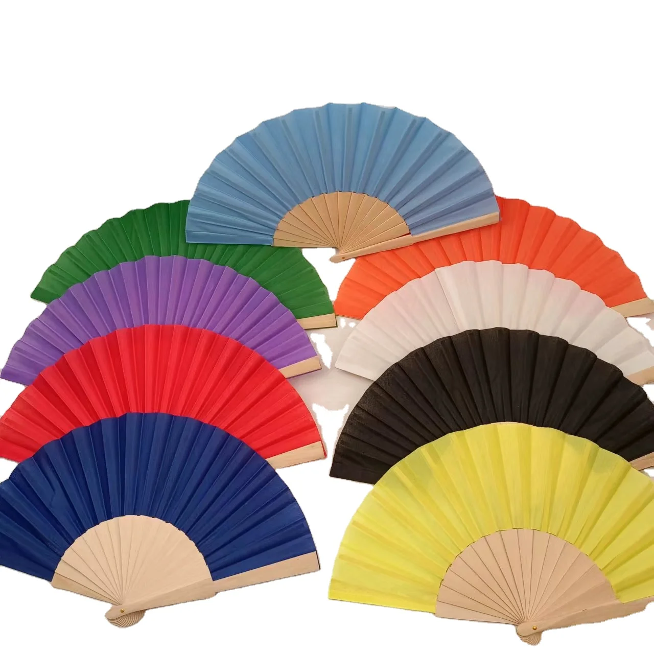 High quality wholesale price 23 cm original color wood bone yellow cloth wooden folding handheld fan fabric wood handmade fan