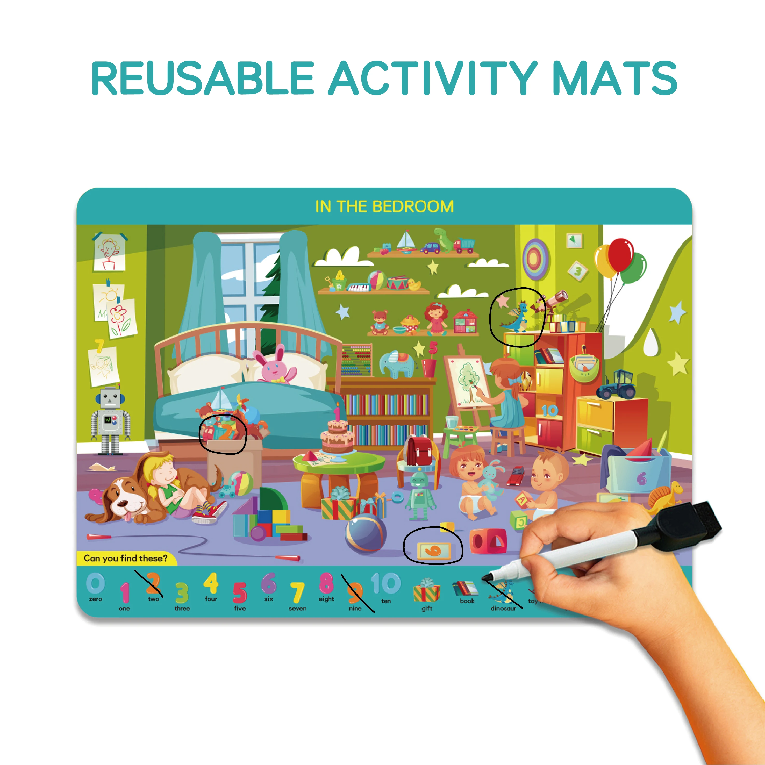 Search and Find Busy Book for Kids Preschool Learning Activities Cards with 4 Dry Erase Markers Learning Reusable Activity Mats