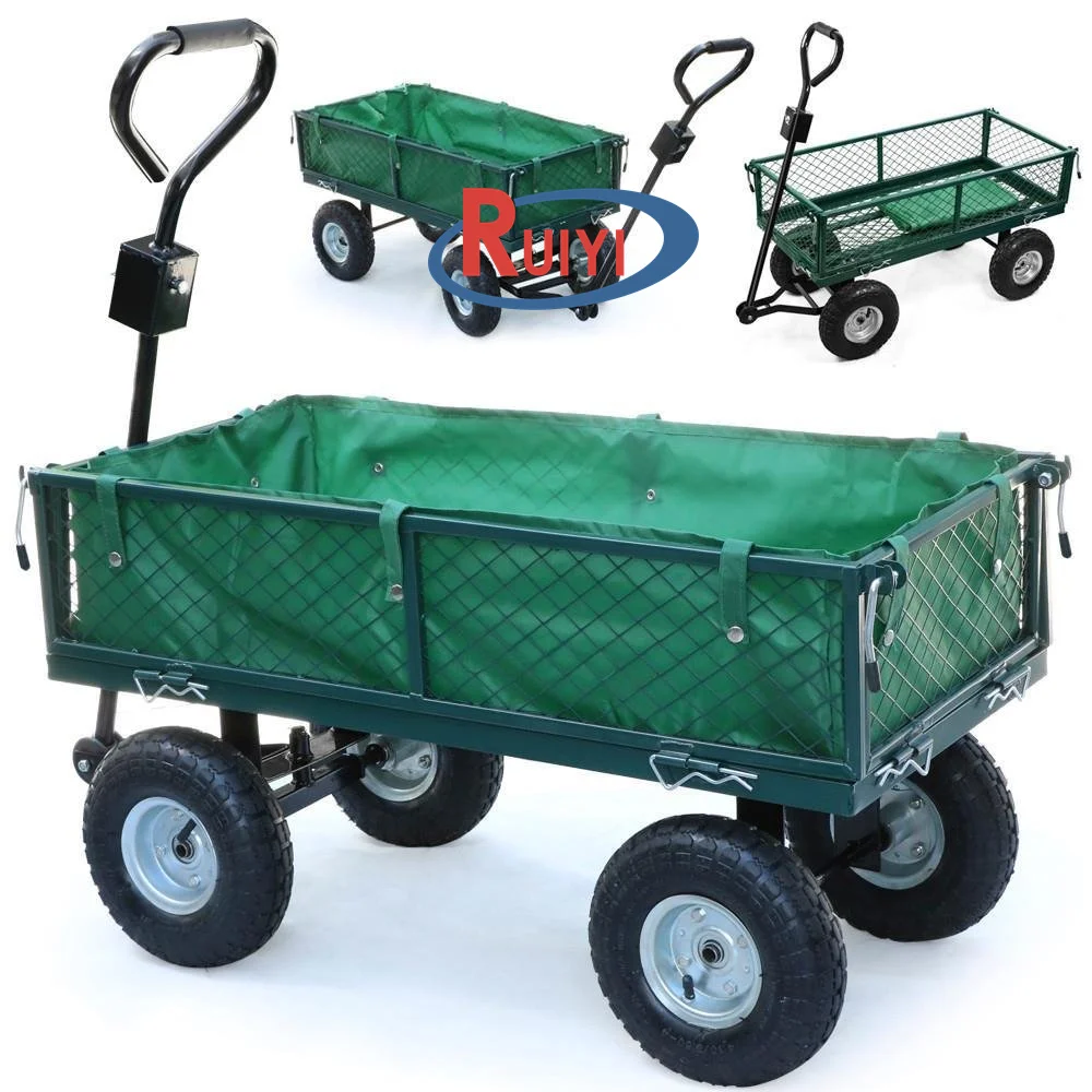 4 Wheeled Garden Utility Steel Metal Hand Truck Cart Trolley with Pneumatic Tire