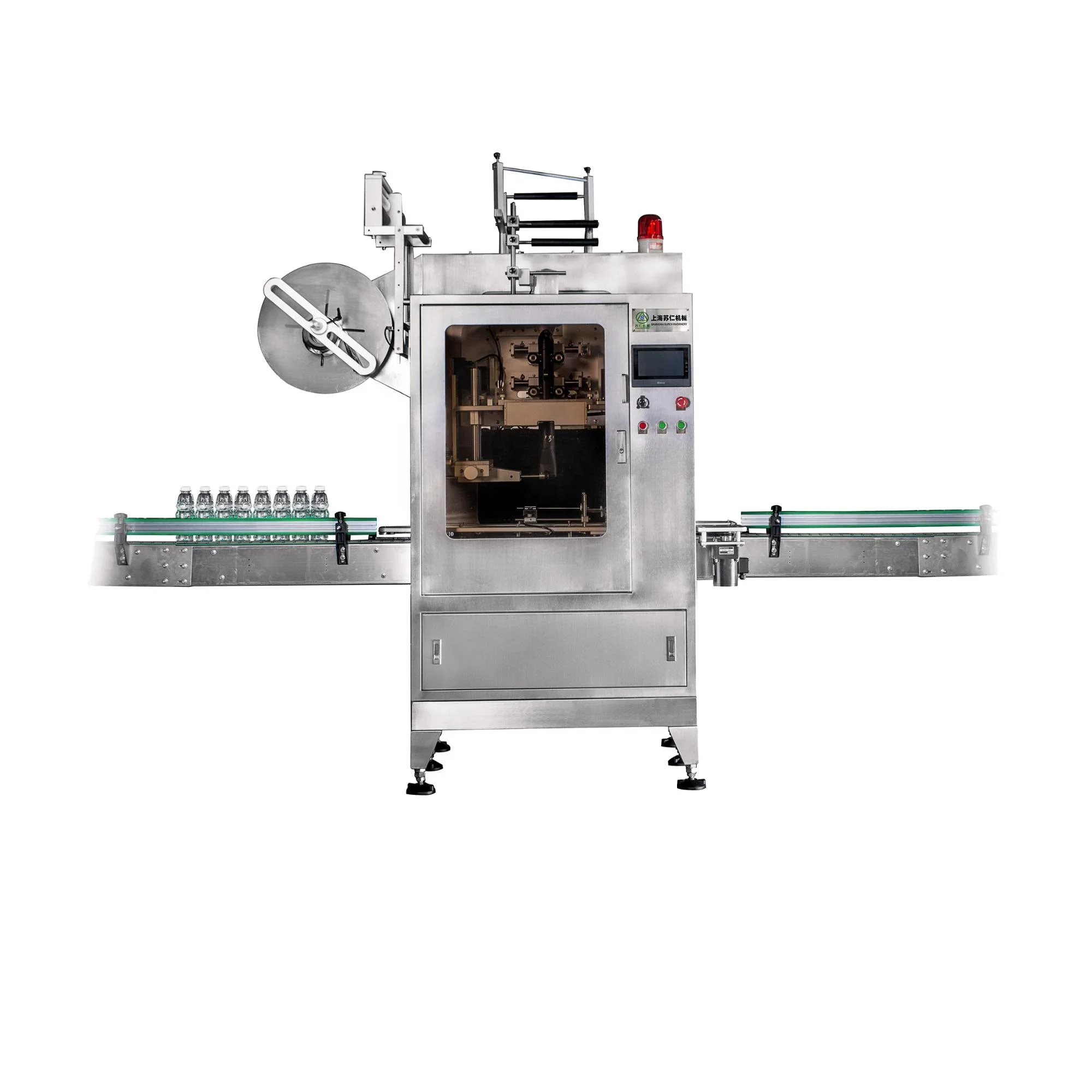 Automatic shrink sleeve labeler for PET glass bottles with shrink tunnel machine