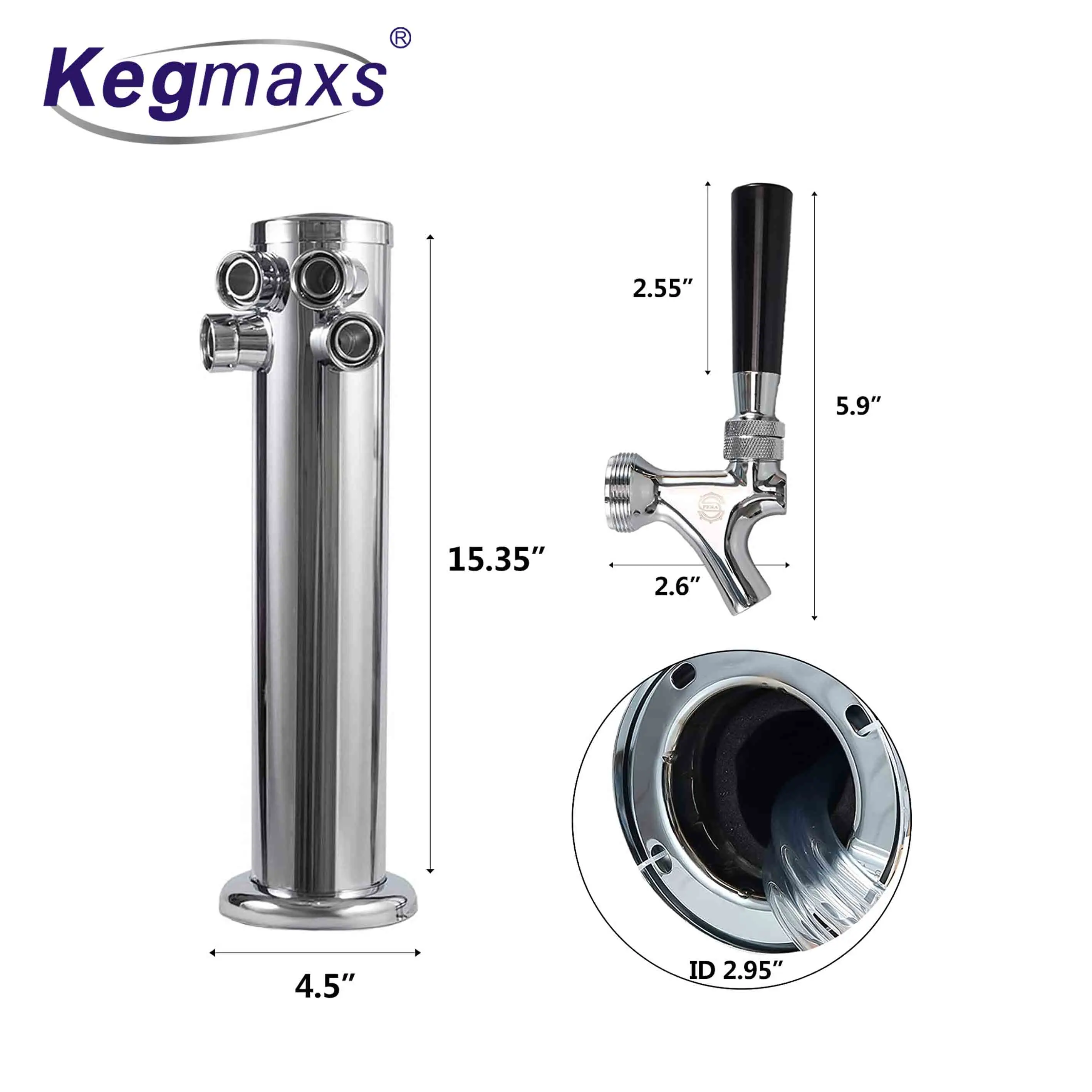 Kegmaxs Four Tap Beer Dispenser Tower 3 inch Beer Kegerator Tower with 4 Faucet for Home Brewing Beer Kegging