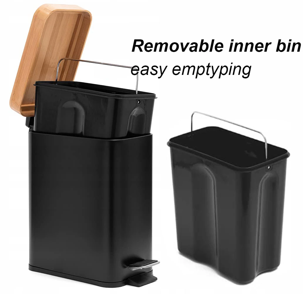Bamboo Trash Can with Lid Soft Close 5 Liter 1.3 Gallon Slim Foot Pedal Waste bin Narrow Garbage Bin
