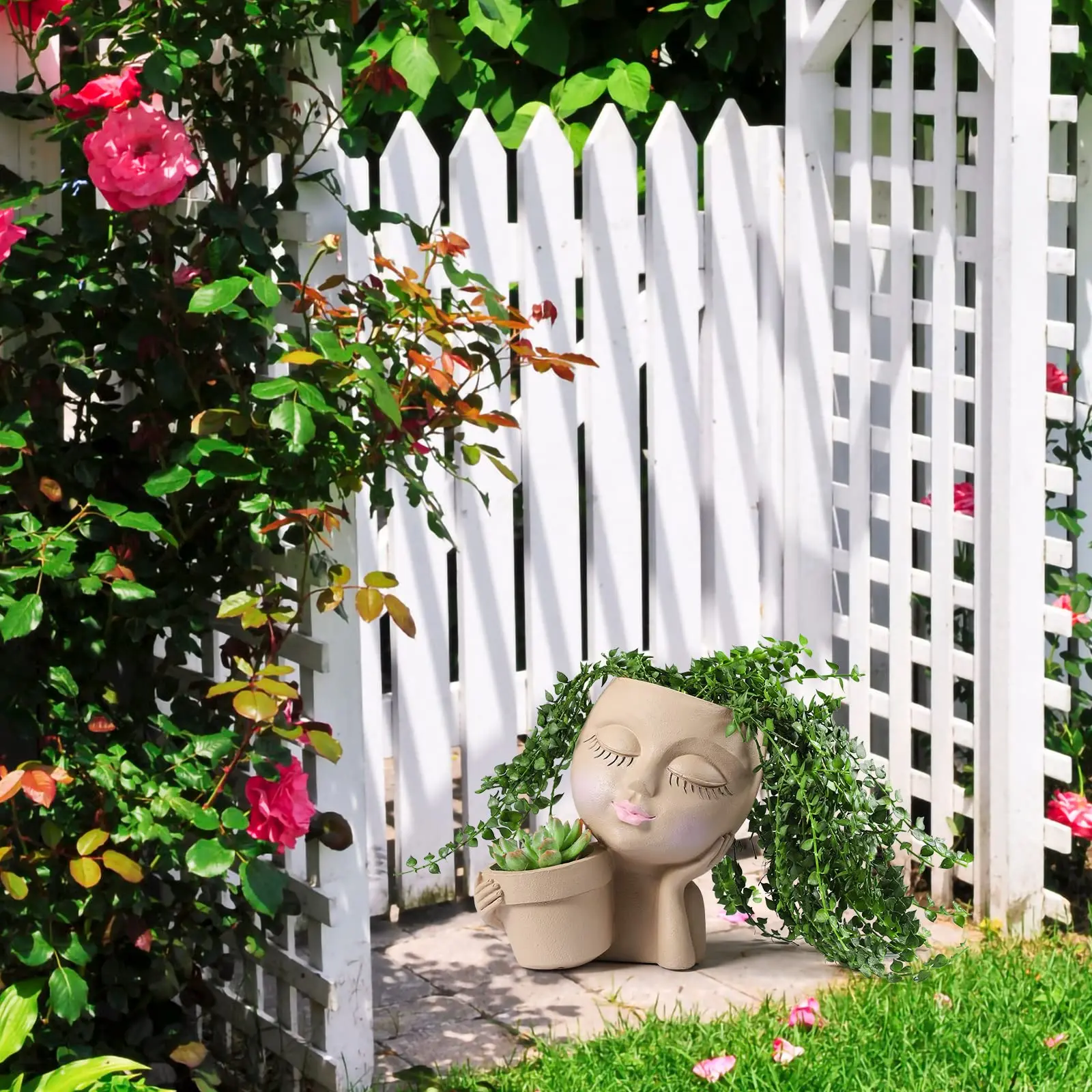 Resin Planter Pot With Drainage Hole Custom Girl Head Vase Seed Succulent Plant Pot Planters Outdoor Face Flower Pots