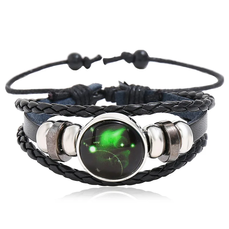 Handmade Woven Jewelry 12 Zodiac Black Leather Bracelet Capricornus Leo Sagittarius Libra Mens Punk Bracelet