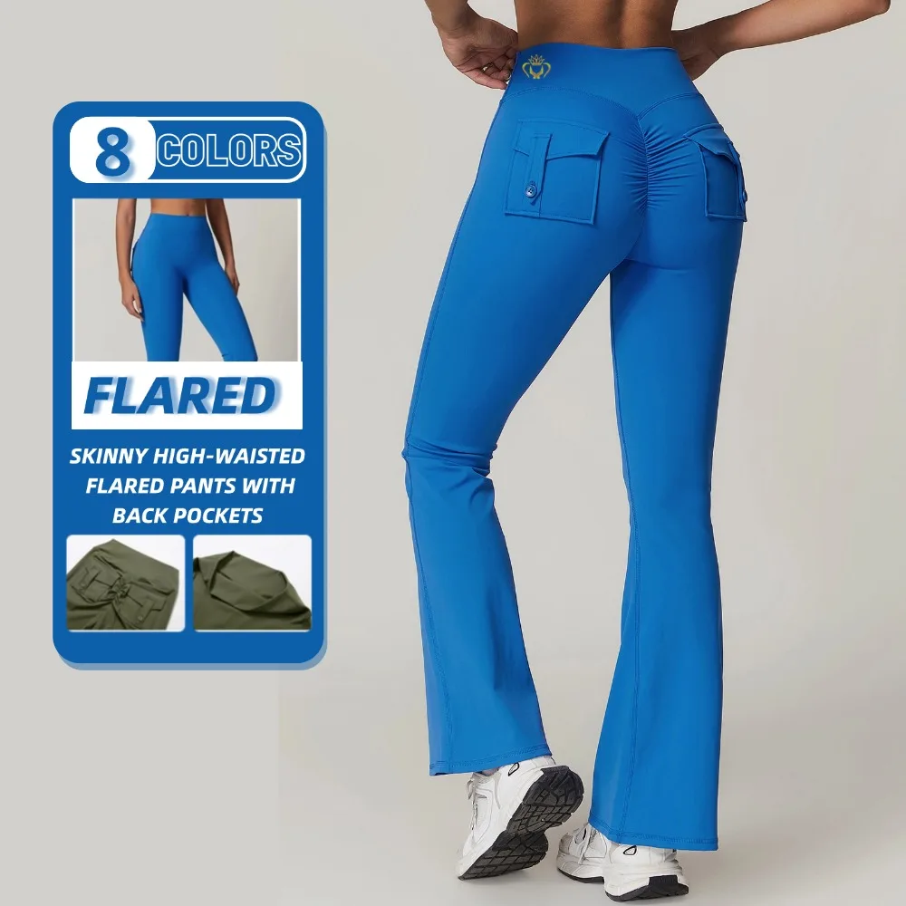 Custom Logo Women Gym Fitness High Waist Yoga Pants With Pockets Running Scrunch Butt Biker Gym Flare  Leggings