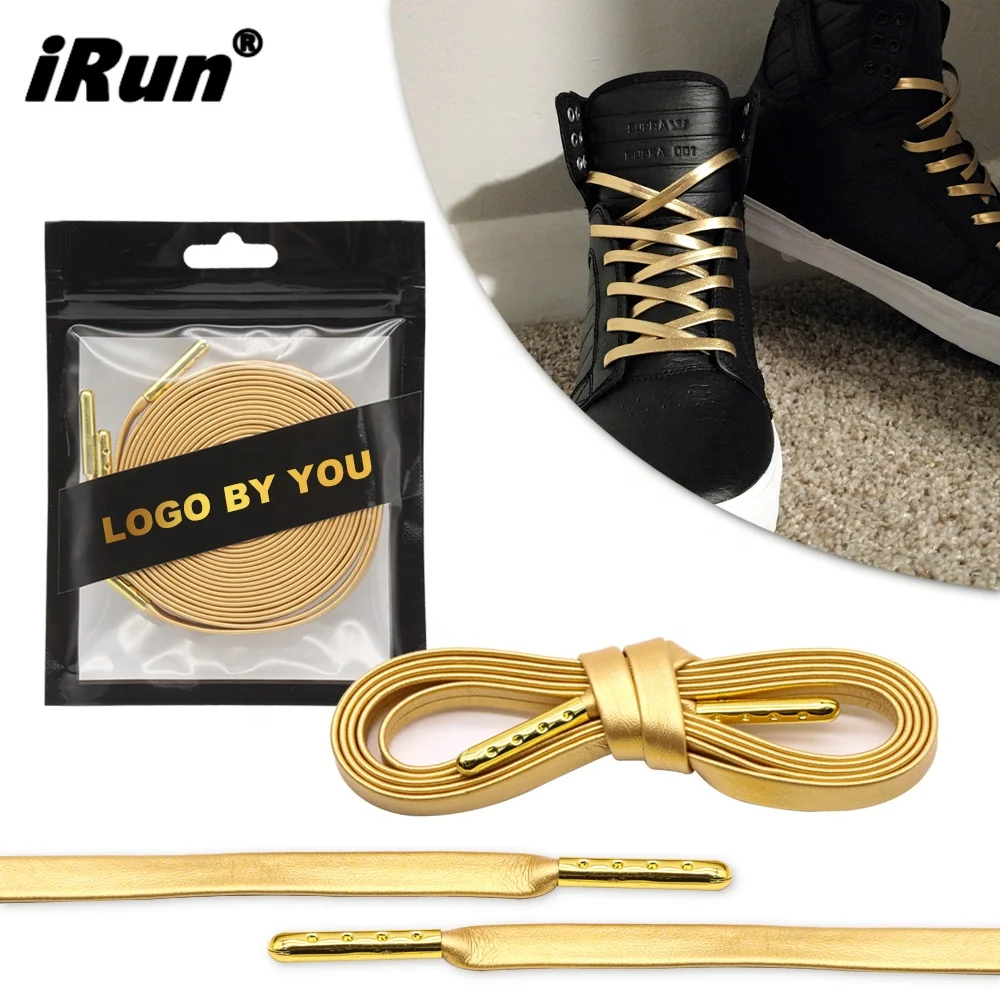 Пользовательские Модные Качественные плоские мужские кожаные итальянские шнурки iRun золотые для обуви с пластиковым наконечником