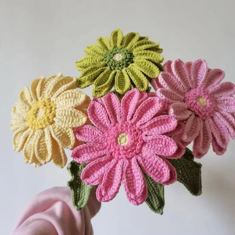 Stem Wool Knitted Flower Bouquet Gerbera Knit Gerbera Crochet African Chrysanthemum Flower Home Decoration Gifts Crochet Flower