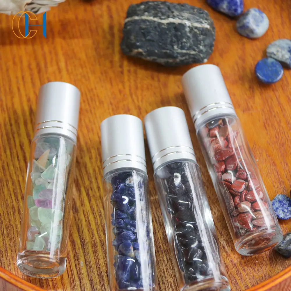 Wholesale Size Customized Lid Essential Natural  Glass Perfume Fine Oil Bottle with Stones Jade Roller Packaging B