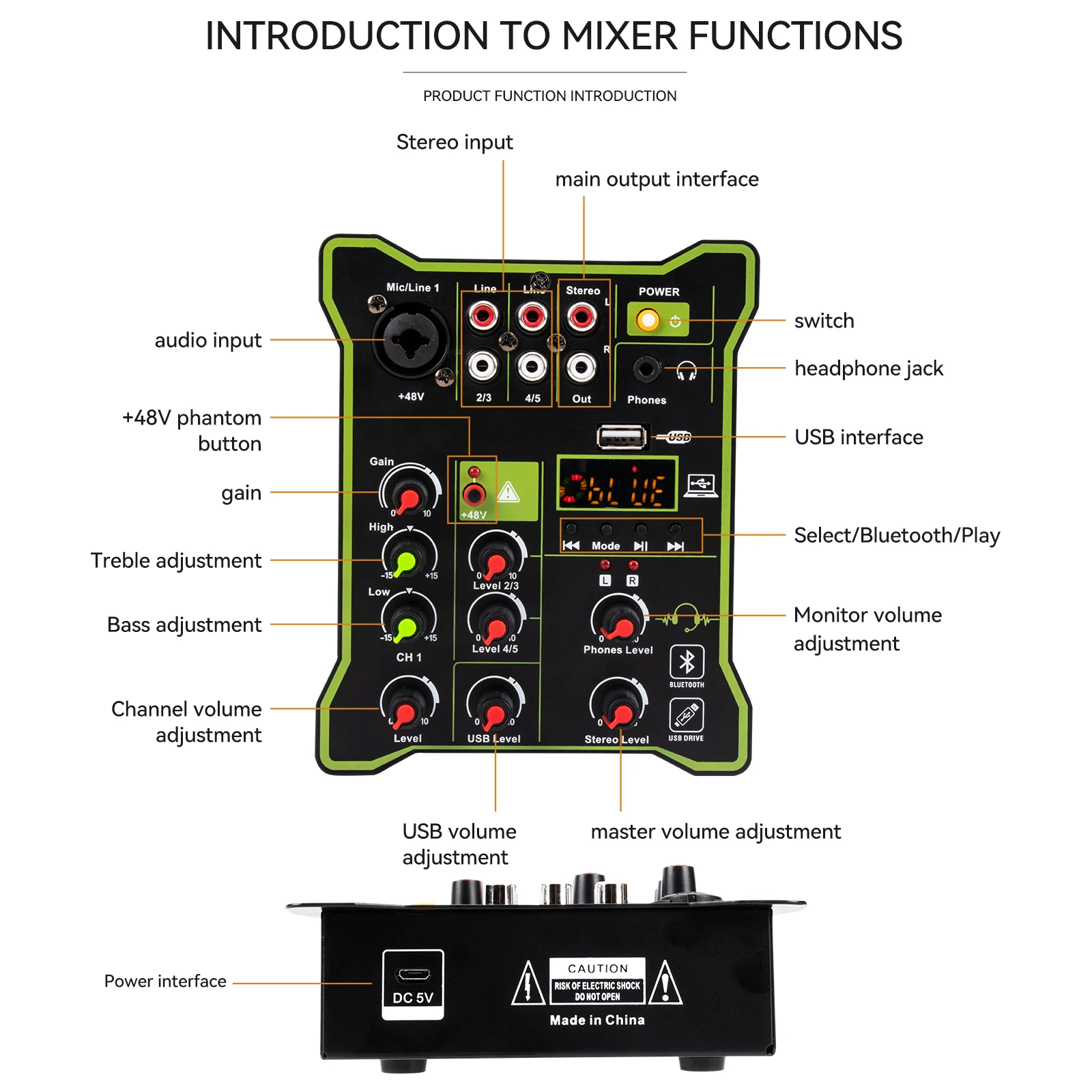 Professional 5 Channel Mixer USB Bluetooth Stage Computer Recording DJ Multi-function Audio Sound Card & Mixer
