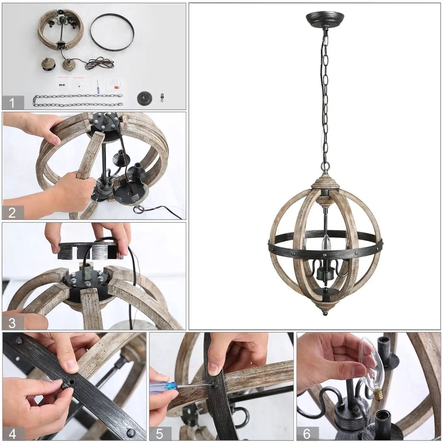 
EEA Hanging Kitchen Dinning Pendant Light Antique Vintage Farmhouse Wooden Chandelier for Living Room 