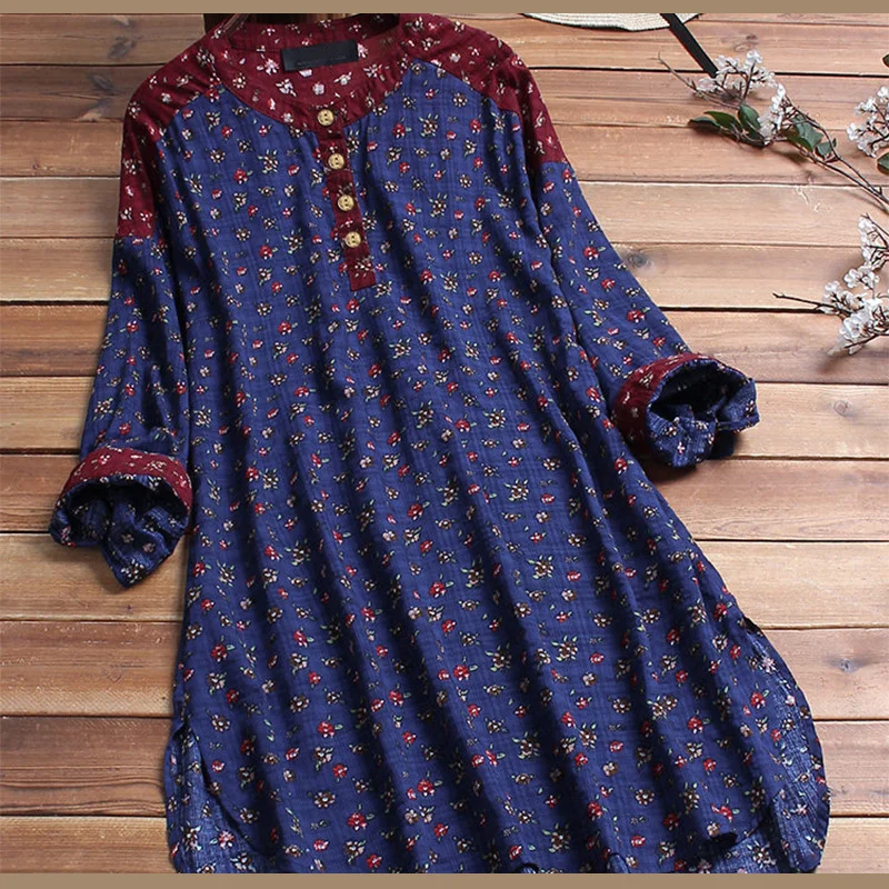 Printed Top Long Tunic Block Pointed-Hem Scoop Neck Tunic Women Printed Top Floral Tops for Woman