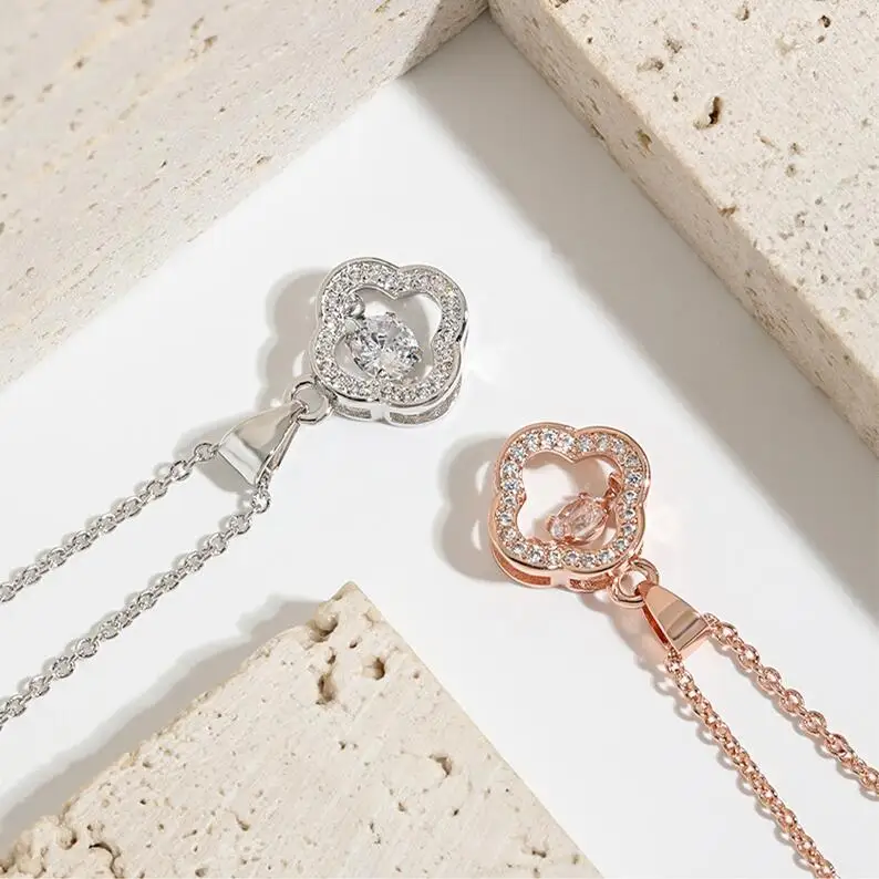 hypoallergenic non tarnish waterproof jewelry stainless steel 14k gold plated Dancing Zircon Stone Four leaf Clover Necklace Fo