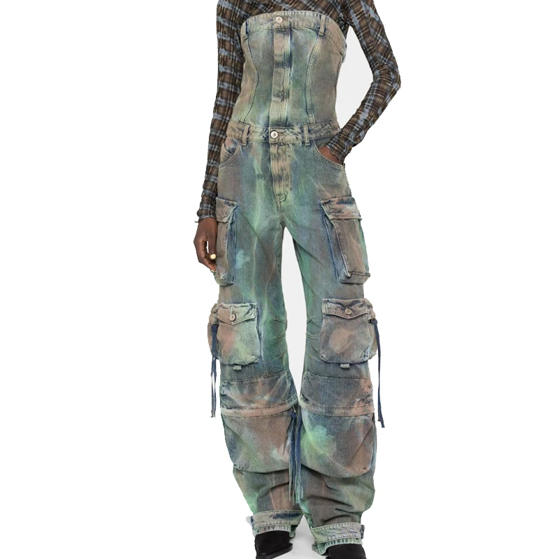 OEM Camouflage print collarless design meter multiple tooling pockets Fashion personality denim jumpsuit pants for women