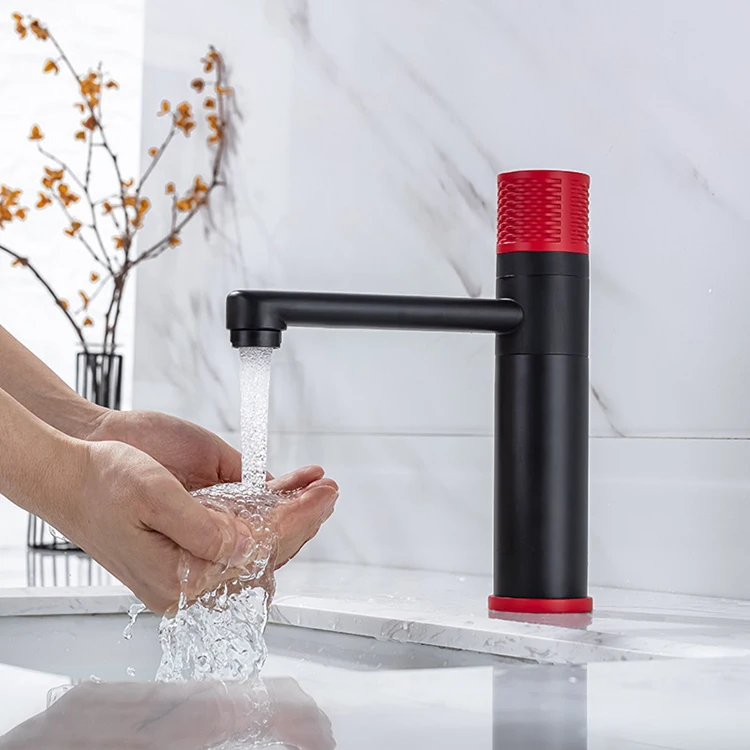Black Red Push Button Rotation Single Hole Bathroom Hand Wash Basin Tap Faucet