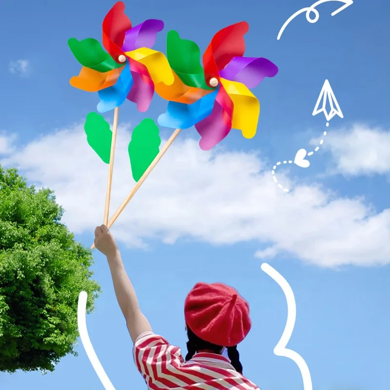 Hot selling wooden windmill rainbow pinwheel other outdoor toys garden children party decoration Wooden windmill for kids