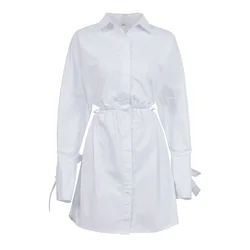 Летние повседневные белые пятнистые женские платья-рубашки с длинным рукавом и кулиской