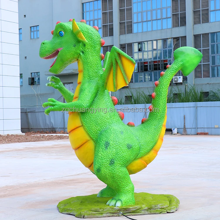Cute Displays Children Amusement Green Animatronic Cartoon Dinosaur Animal Dragon Moving Sculpture