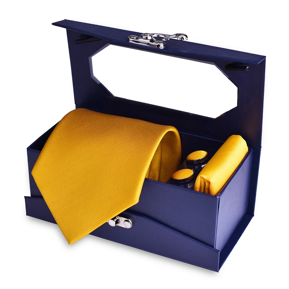 Mens 8cm Silk Tie Sets Gifts Necktie Mens with Pocket Square Box Men Ties and Hanky Set with Cufflinks for Wedding Business