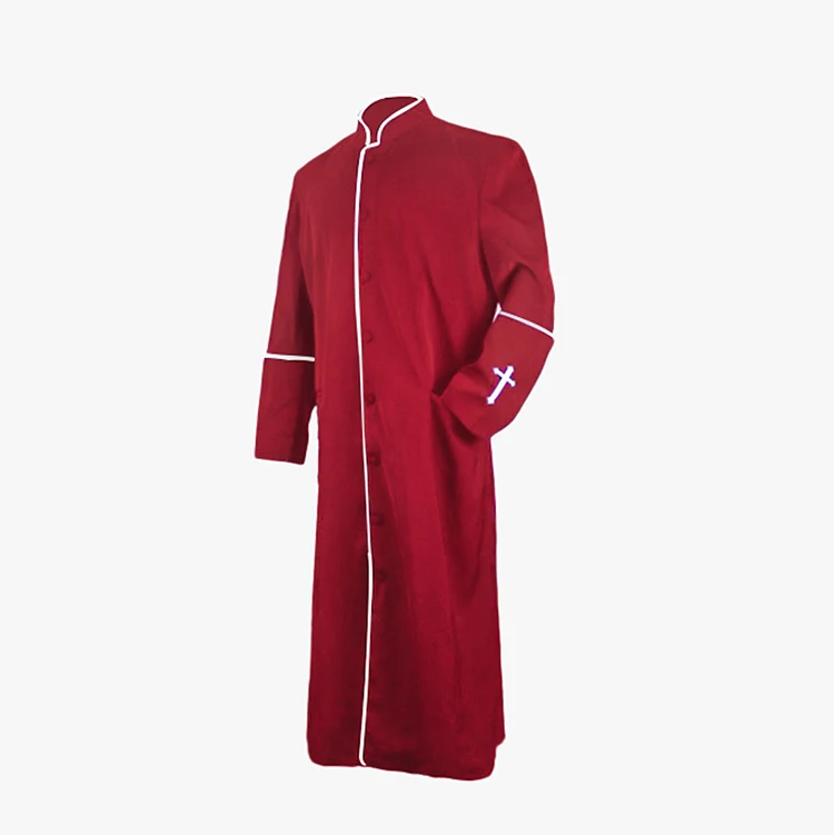 Standing collar church choir uniform Men red pocket single breasted adult clergy cassock with cross logo
