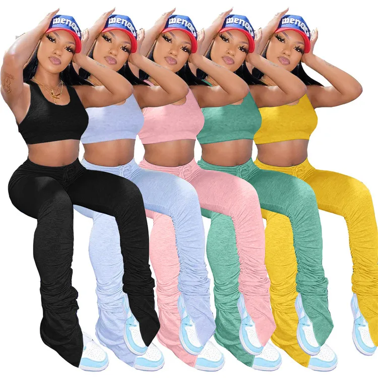 2020 Women Solid Color Yoga Slit Pants Joggers Sports Stacked Trousers Leggings Stacked For Women Two Piece Set