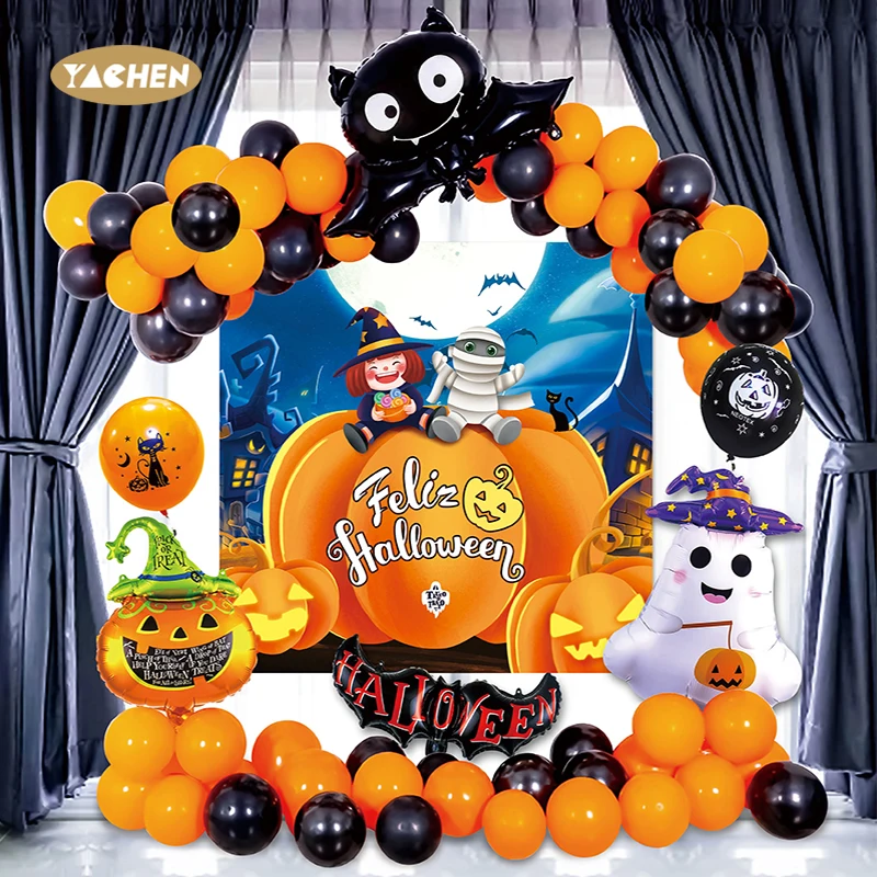 Yachen globos de halloween mylar foil pumpkin bat balloons black orange latex balloon garland arch kit for halloween decoration