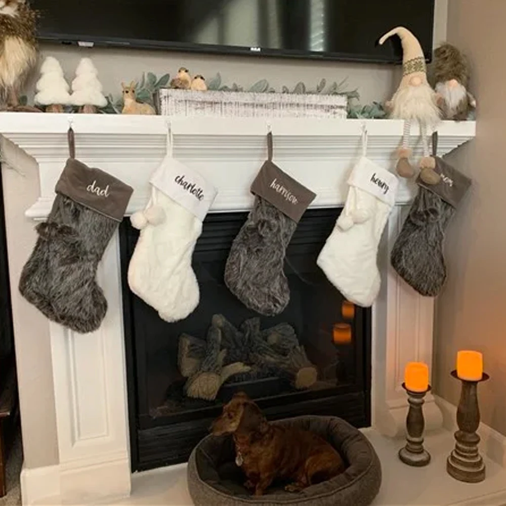 Custom Blank Canvas Santa Sock Lvory Faux Fur Christmas Stockings for Embroidery with Pom Pom