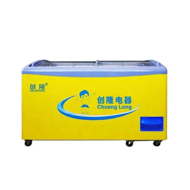 
 Изогнутая стеклянная дверь желтого цвета с прямым охлаждением, напечатанным логотипом, морозильная камера  