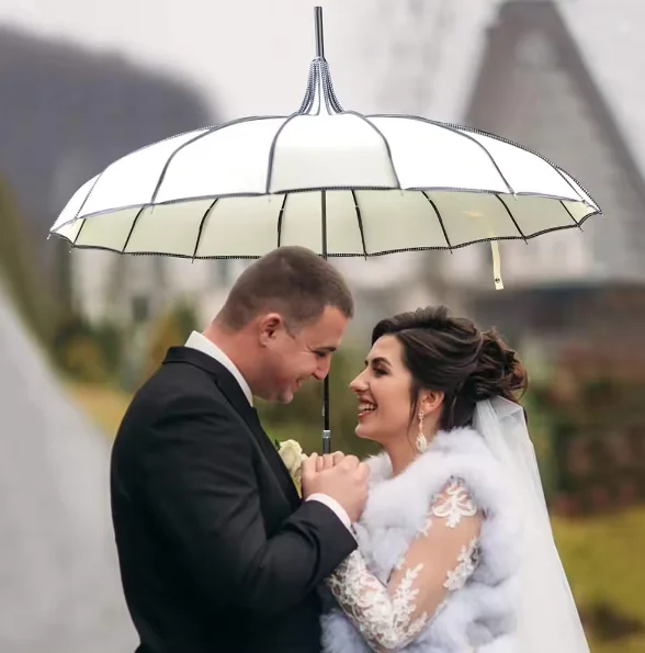 New Design Custom Logo Wedding Straight Umbrella Pagoda Parasol 16 Ribs With Hook Handle Wedding Women Girls White Umbrella