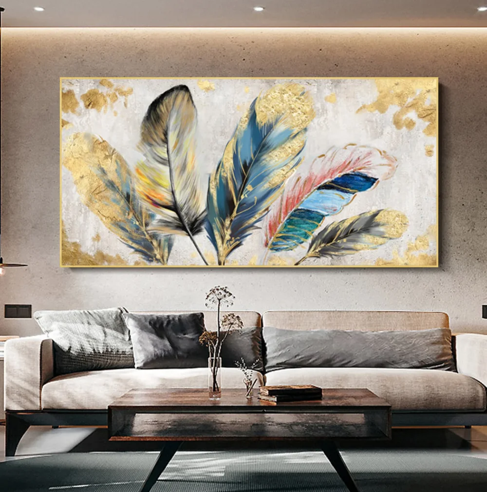 100% Real Hand Painted Animal Feather Oil Painting on Canvas, Abstract Colorful Feather Canvas Wall Art for Living Room Bedroom