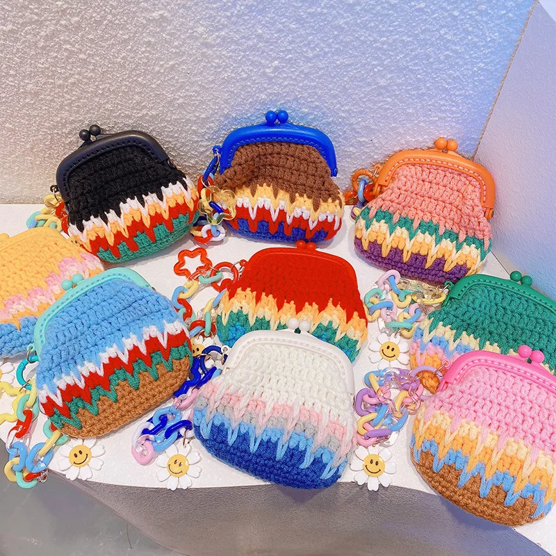 Vintage Women Handmade Crochet Coin Purse Rainbow  Gradient Chain Trendy Star Hook Weaving Knitted Wallet Women Small Handbag