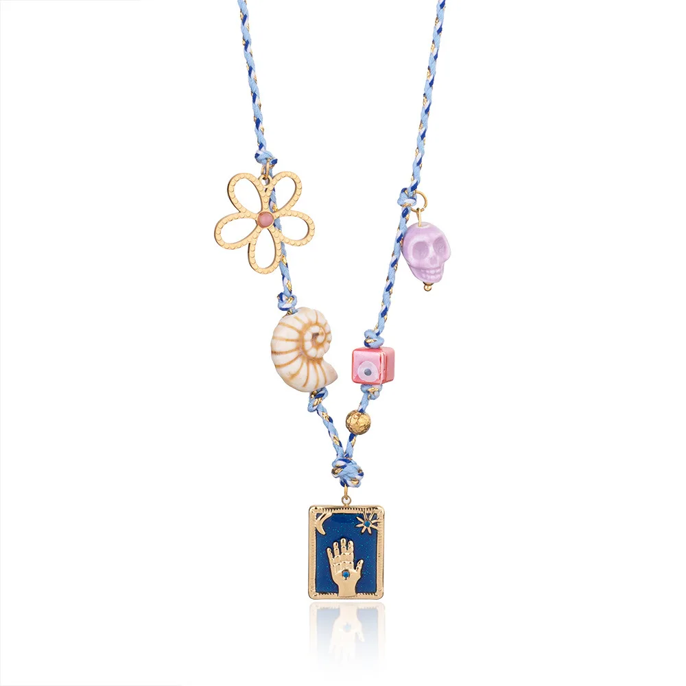 Unisex Retro Bohemian Style Stainless Steel Flower Pendant on Rope Tarot Brand Shell Ceramic Rope Heart-Shaped Gifts
