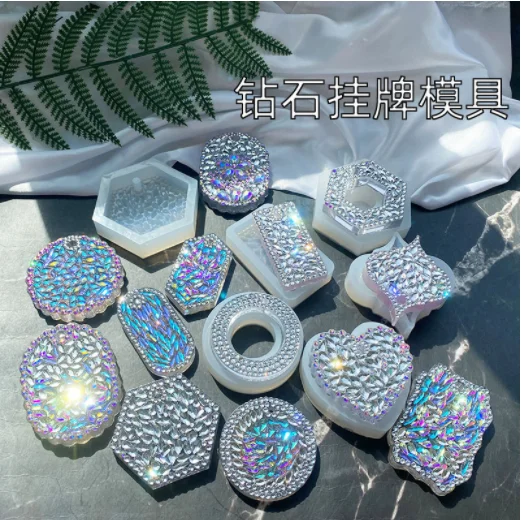 New diamond hanging silicone mold crystal drop glue flash diamond shaped jewelry pendant key chain silicone mold sun catcher