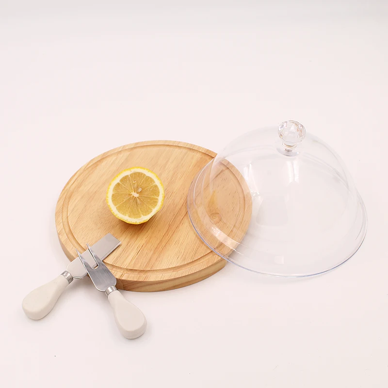 Cake Serving Plate with Dome Wood Dessert Stand Tray Pastry Cheese Display Glass Dome Cloche Plate