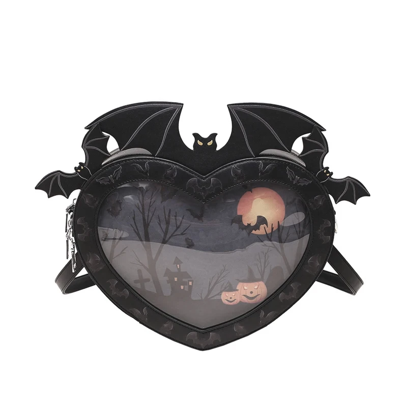 Custom cute ita bag with printing insert Gothic Dark Bat shape pin backpack Halloween Funny Pain bag
