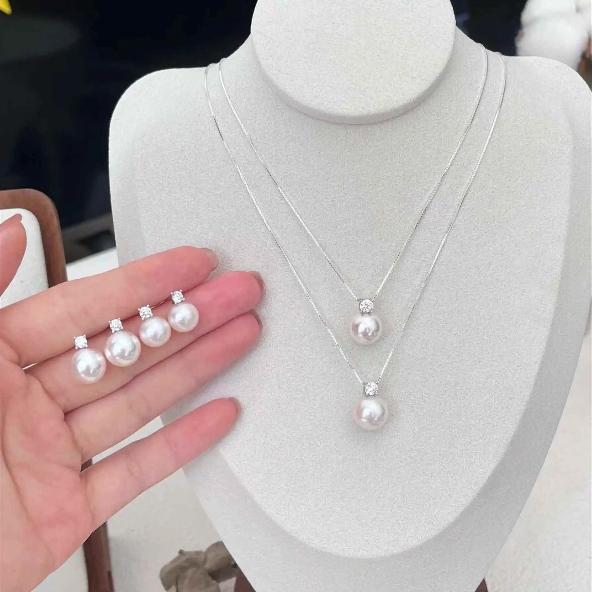 S925 sterling silver princess set 9-10 mm freshwater pearl necklace earring set classic jewelry