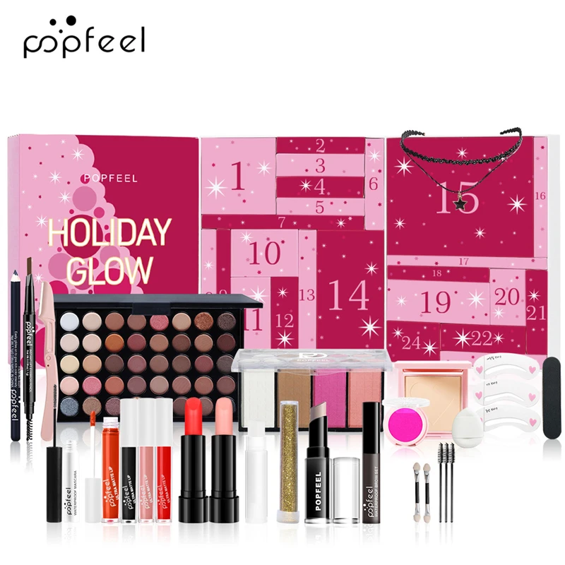 POPFEEL holiday glow surprise beauty countdown gift set 24 colors eyeshadow matte lipgloss lipstick eyebrow pencil makeup kit