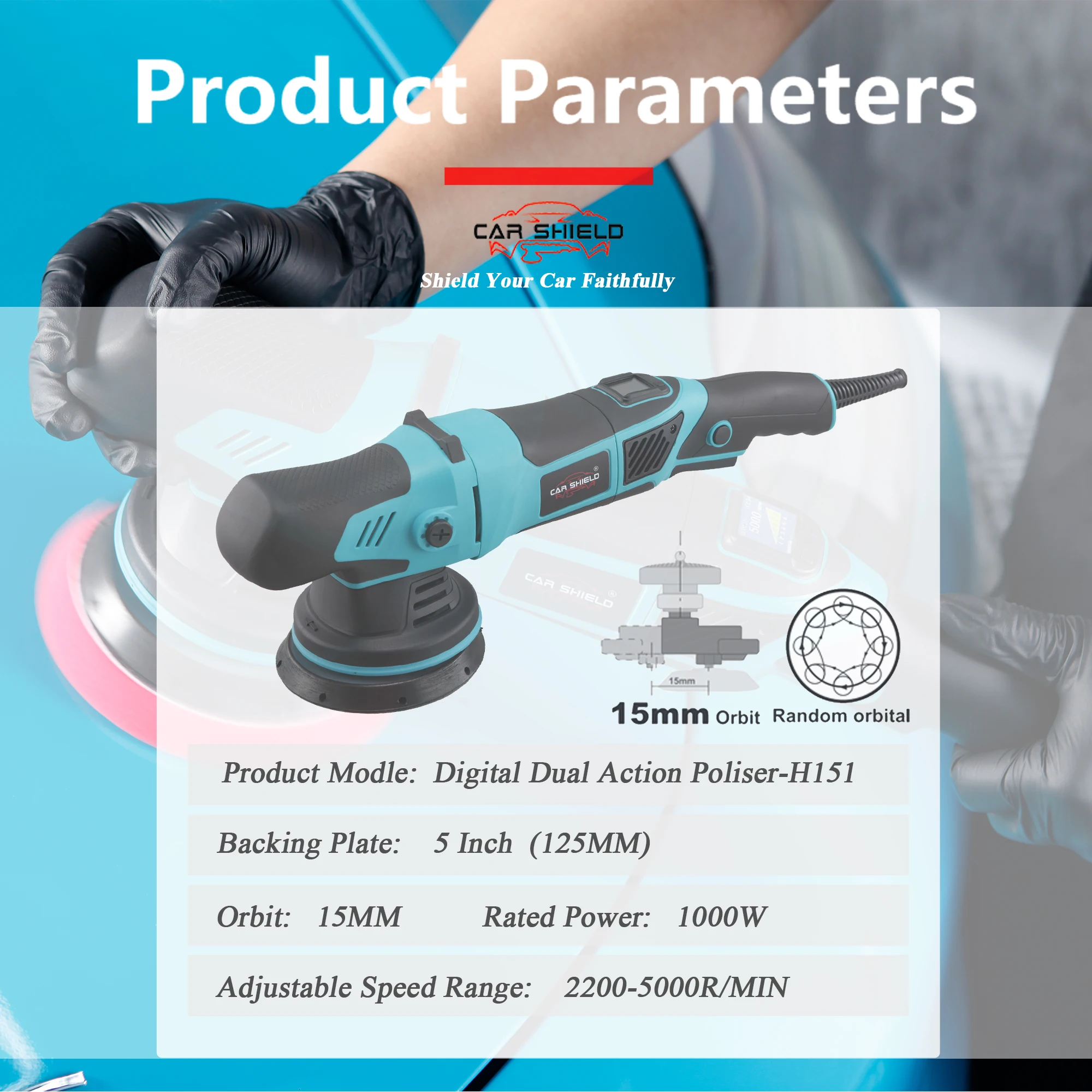 Car Shield 5 Inch 15mm Orbital Car Polisher Machine 125mm Dual Action Buffer Polisher